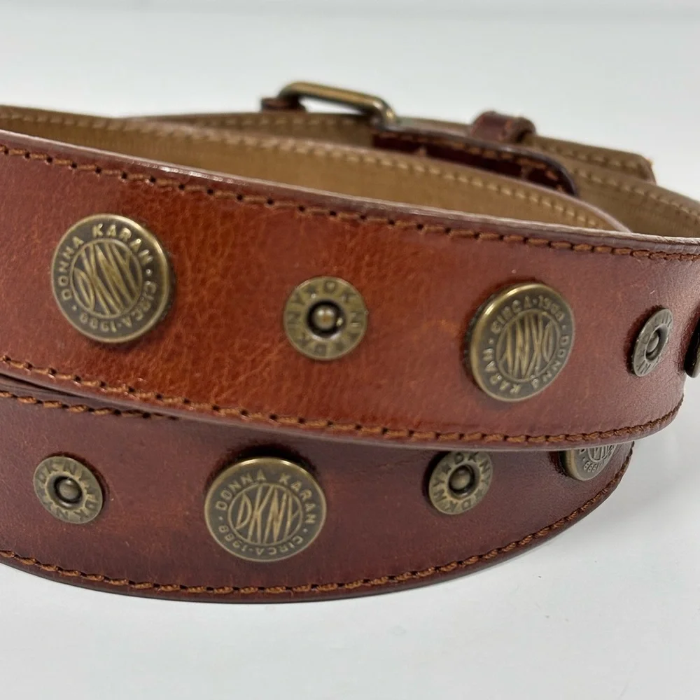 DKNY Leather Riveted Logo Belt Brown Brass‎ Vintage Size Small